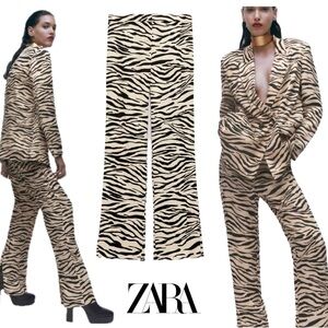 Zara cream black tiger animal print satin effect pyjama pants back slit M NWOT